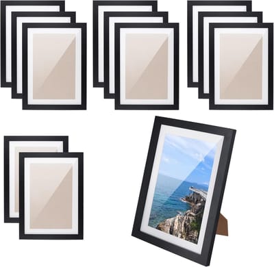 Dailygoods - 12 stuks fotolijsten zwart 12 x 15,9 cm, fotolijst met wit passe-partout karton 8,9 x 12,7 cm voor wanddecoratie of tafelvormgeving, horizontaal of verticaal