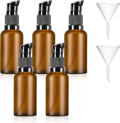 Set van 5 Lege Bruine Glazen Flessen van 30ml met Pomp, Ideaal voor Reizen, Essentiële Olie en Handcrème Dispenser met 2 Trechters