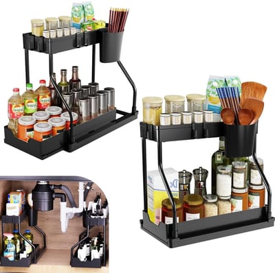 Dailygoods - 2 onder wastafel, rek met haken en laden, 2 etages, staand rek, keukenspoelkast, onderkast, organizer, keukenrek, kruidenrek, onderkastrek, onderkastrek, spoelkastrek voor gootsteen, keuken