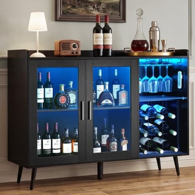 VEVOR wijnkast met glashouders, buffetkast met dimbare ledverlichting en flessenplanken (voor 9 flessen), barkast voor keuken, woonkamer en eetkamer, zwarte wijnbarkast