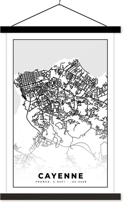 Posterhanger incl. Poster 40x60 cm - Schoolplaat - Stadskaart - Frankrijk - Kaart - Plattegrond - Cayenne - Zwart wit - Textielposter - Zwarte latten - Stadskaart