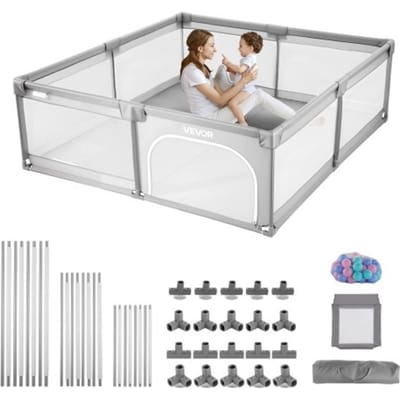 VEVOR Babybox, 200x149 cm, Kinderbox, Binnen- en buitenspeelplaats met hek, 50 Ocean Balls, Ritsdeur en Ademend Gaas, Veilig Activiteitencentrum