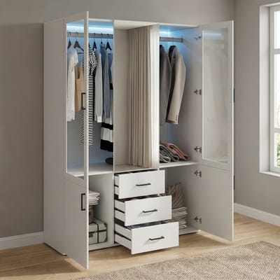 Slaapkamerkast, LED-Kast, 4 Deuren, 3 Lades met Spiegel, Moderne Slaapkamerkast, Multifunctioneel Meubelstuk dat Kapstok, Spiegel, Opbergruimte en Display Combineert