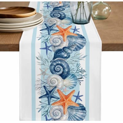 Maritieme Kust Linnen Tafel Runner Huisdecoratie Zomer Zee Koraal Zeester Schelp Keukentafel Runners Vakantiefeest Decor 150x33cm