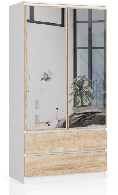 Kledingkast S90 met Spiegel 2 Deuren en 2 Lades / AKORD Furniture Factory / Wit – Sonoma Eik / 90 x 180 x 51 cm