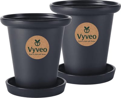 Vyveo - Bloempot Skara met onderzetter - Set van 2 - 13x13 - Zwart - Bloempot voor binnen en buiten - Lichtgewicht - Breukbestendig - Vorstbestendig - UV-bestendig