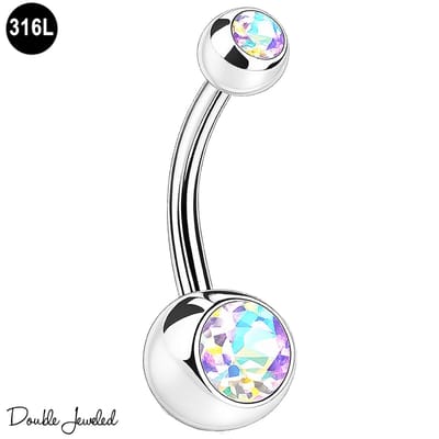 Navelpiercing Aurora – Navel Piercing 316L Chirurgisch Staal – Belly Button Piercing – Banana Barbell 1.6mm – Double Jeweled – AB Rainbow Crystal – Dames