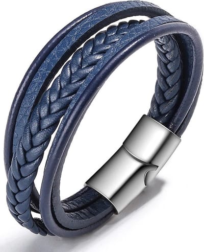 Armband Heren - Blauw Leer met Stalen Sluiting - Leren Armbanden - Papa Cadeau Voor Mannen - Vaderdag