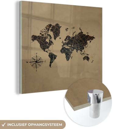 ® Glasschilderij 90x90 cm - Schilderij acrylglas - Wereldkaart - Goud - Kompas - Foto op glas - Muurdecoratie woonkamer - Wanddecoratie slaapkamer - Schilderijen