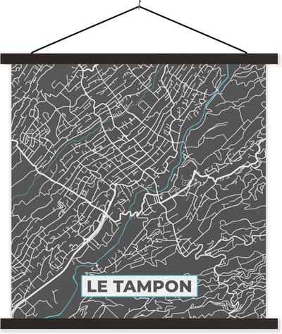 Posterhanger incl. Poster 60x60 cm - Schoolplaat - Kaart – Stadskaart – Le Tampon - Plattegrond – Frankrijk - Textielposter - Zwarte latten - Stadskaart