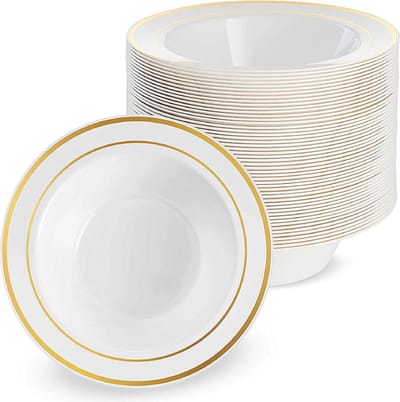 Matana – 25 Plastic Kommen, 360ml – Met Gouden Rand – Wit – Herbruikbaar & Stevig – Voor Bruiloften, Verjaardagen & Feesten