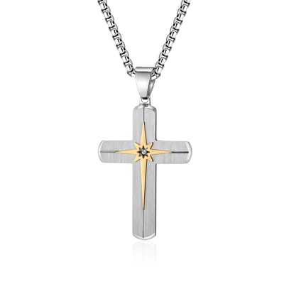 Lumici® Kruis Ketting V8 – RVS Zilver/Goud met Zirkonia – Modern Jezus Kruis met Ster – Christelijk Sieraad – Geloof Ketting – Cadeau voor Vrouwen – INRI- Kompas - Sterdetail - Heilig Kruis Ketting