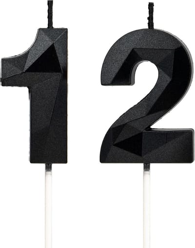 Verjaardagskaarsen met Cijfer 12 – Zwart – 2 stuks – voor Taart Decoratie – Verjaardagsfeesten, Bruiloften, Bedrijfsverjaardagen