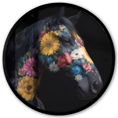 Poster in lijst Rond - Fotolijst 40x40 cm - Posters - Paard - Bloemen - Zwart - Ronde posterlijst zwart - Decoratie - Wanddecoratie woonkamer - Muurdecoratie slaapkamer