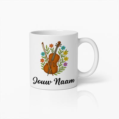 Personalisabele Koffiemok met Viool en Bloemmotief – Gepersonaliseerde Naam Keramische Beker voor Muziekliefhebbers