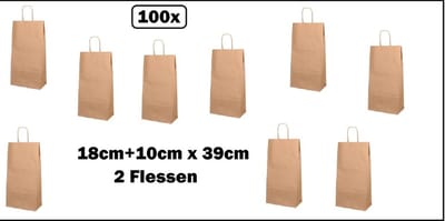 100x BIO Nature Kraft Wijntas 18+10x39cm voor 2x Fles - Wijn kerst kado feest fles drank