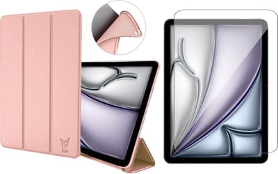Hoes en Screenprotector geschikt voor iPad Air 11 inch 2024 – Ook geschikt voor iPad Air 10.9 2022 / 2020 & Pro 11 2022 / 2021 / 2020 – Smart Cover met Tri-Fold Stand – Schokbestendig – Auto Wake/Sleep – TPU Backcase – Rose