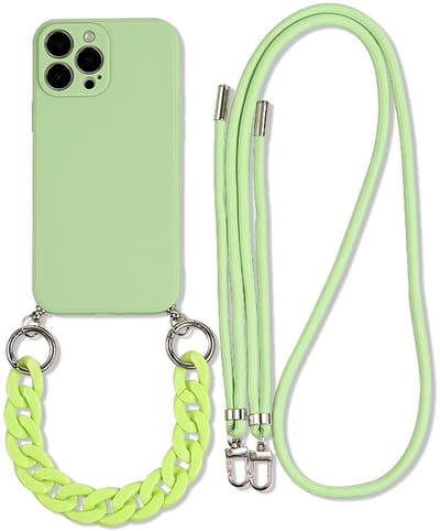 Telefoonhoesje met Koord en Polsband – Geschikt voor Apple iPhone 15 – Siliconen Case met Draagkoord – Licht Groen