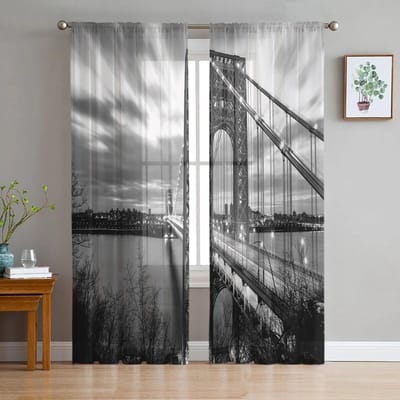 Stadsgebouw Brug Chiffon Tule Gordijnen voor Woonkamer Keuken Slaapkamer Transparant Voile Garen Raamdecoratie 135W x 114H(cm) gray