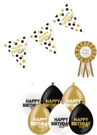 Celebration! Decorations versierpakket Happy Birthday Ballonnen, Vlaggen en rozet verjaardag feest hoera versiering