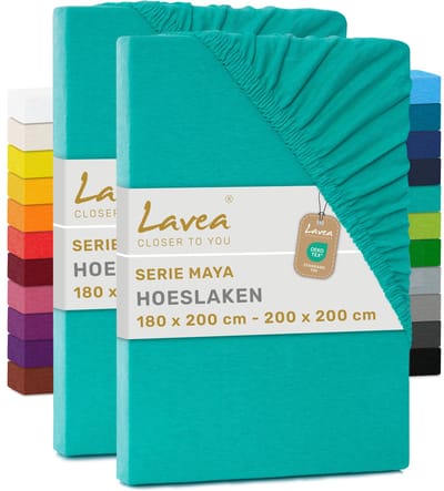 Lavea® Set van 2 Hoeslakens 180x200 cm – 100% Zacht en Ademend Katoen – voor Dikke Matrassen tot 20 cm – Jersey met Elastiek rondom – Turquoise