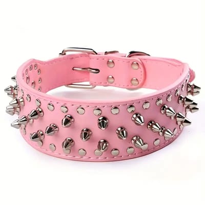 Leren Honden Halsband met Spikes - Roze hondenhalsband met Spikes - Maat M - Stevige Robuuste Hondenhalsband - Petshop Seven®