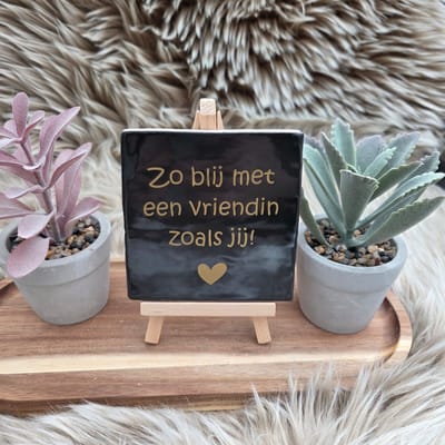 Robuust wenstegeltje – Zo Blij met een vriendin zoals Jij – Robuust 10x10 cm – Spreuktegel – Cadeau voor vriendin – Trendy nu – Zomaar – Vriendschap – Decoratief Tegeltje met Standaard – Cadeau Idee