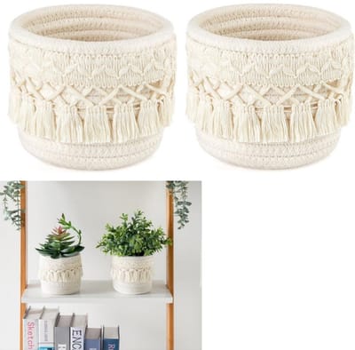 2 artikelen - Opbergmand voor make-upkwasten - Opbergdoos - Opbergmand met kwastjes - Geweven opbergmand - Boheemse stijl - Wit - 10×10 cm - Geschikt voor kwasten, lippenstift, eyeliner en pennen