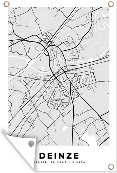 Muurdecoratie Kaart – Plattegrond – Stadskaart – Deinze – België – Zwart Wit - 120x180 cm - Tuinposter - Tuindoek