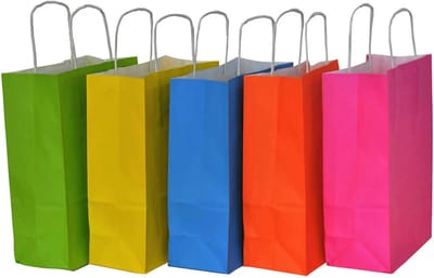 50 kleine papieren draagtassen Met Handvat Van Kraftpapier Mix 2 18x8x22 cm rood roos blauw geel groen Kraft Tasjes verschillende kleuren/ Cadeautasjes met gedraaid handgrepen / Zakjes/