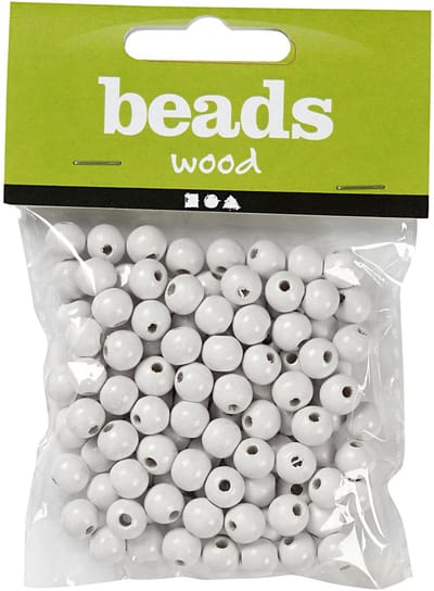 Houten kralen, d 10 mm, gatgrootte 3 mm, wit, 20gr/ 1 doos