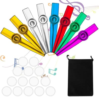 Dailygoods- Kazoo Set 8 Stuks - Metalen Kazoo's - 16 Verwisselbare Membranen - Muziekinstrumenten voor Kinderen - Cadeaus voor Kinderfeestjes - Geschikt voor Volwassenen - Muziekinstrument