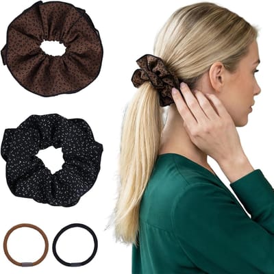 Grote Haar Scrunchies voor Dikke Haarstijlen, Set van 2 in Donkerbruin en Zwart met Luipaardpatroon