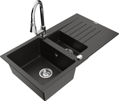 Mexen Matias granieten spoelbak 1,5-combinatie met afdruipplaat en keukenkraan Elia, zwart/goud metallic - 6502-75-670101-00