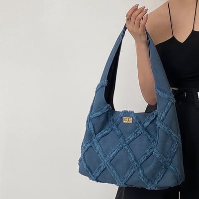 Nieuwe trendy denim canvas damestas met gepersonaliseerde kwastjes, ruime casual schoudertas gray