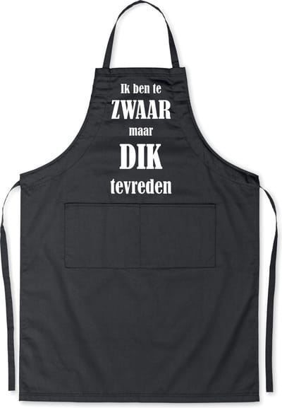 Mijncadeautje Schort - "Te ZWAAR maar DIK tevreden" - opdruk wit -  exclusieve keuken- en barbecueschort - zwart