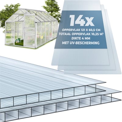 tectake® Set van 14 Polycarbonaat Platen - Stevige Lichtdoorlatende, UV-Bestendige Dubbelwandige Platen - 121 x 60,5 cm - 10,25m² totaal - Transparant - Broeikas Tuinkas Plaat - 4 mm dik