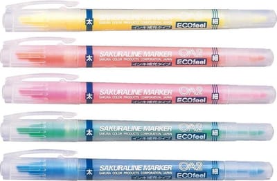 Sakura Dual Point Hervulbare Highlighters  5 Colors Ecofeel Set + 5 Ink Refills