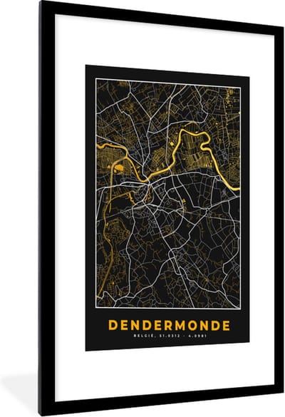 Fotolijst incl. Poster - Dendermonde - Goud - Kaart - Stadskaart - Plattegrond - 60x90 cm - Posterlijst