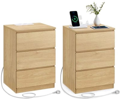 Homesy Nachtkastje set van 2 - Slaapkamer - Modern - Ebbenhout Strogeel - 3 lades - Met stopcontact