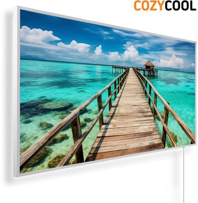 Infraroodpaneel met afbeelding | Tropisch zee landschap met loopbrug | 1200 Watt | Witte lijst | Infrarood verwarmingspaneel | Infrarood paneel | Infrarood verwarming