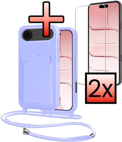 Hoes Geschikt voor iPhone Air Hoesje Pasjeshouder Cover Met Koord Case Siliconen Hoes Met Telefoonkoord en Kaarthouder Met 2x Screenprotector - Lila