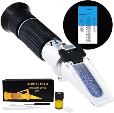 3-in-1 Refractometer voor Honing en Suiker: Brix, Vochtigheid en Baume Tester met ATC, Ideaal voor Bijenteelt en Ahornsiroop, Inclusief Kalibratieolie en Blok