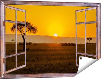 Gards Tuinposter Doorkijk Zonsopgang in de Savanne met een Boom - 90x60 cm - Tuindoek - Tuindecoratie - Wanddecoratie buiten - Tuinschilderij