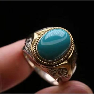 Creatieve Prachtige Glanzende Retro Vintage Etnische Stijl Mongoolse Turkoois Mannen Ringen Elliptische Blauwe Ring Banket Fijne Sieraden resizable black