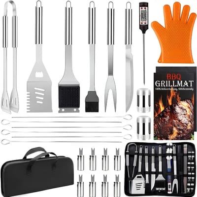 SP® BBQ Accesoires set - 28-delige Barbecue Gereedschap - Professionele RVS Barbecue Set - Zilver - 4cm x 2cm x 35cm