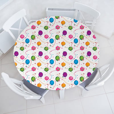 ABAKUHAUS verjaardag elastisch rond tafelkleed, ballonster, allround elastisch tafelkleed, 90 cm - 100 cm, wit paars blauw groen meerkleurig
