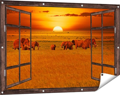 Gards Tuinposter Doorkijk Olifanten in het Wild - Zonsondergang - 120x80 cm - Tuindoek - Tuindecoratie - Wanddecoratie buiten - Tuinschilderij