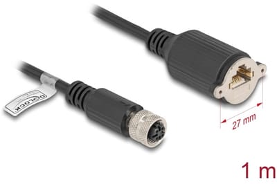 Delock M12 Cable D-coded 4 pin female to RJ45 jack for installation Cat.5e FTP 1 m black