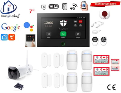 Draadloos / bedraad alarmsysteem met 7-inch touchscreen voor woning/camper/boot/caravan werkt met wifi en sim kaart en met spraakgestuurde apps. (Nederlands of Frans stem en tekst). ST01B-31